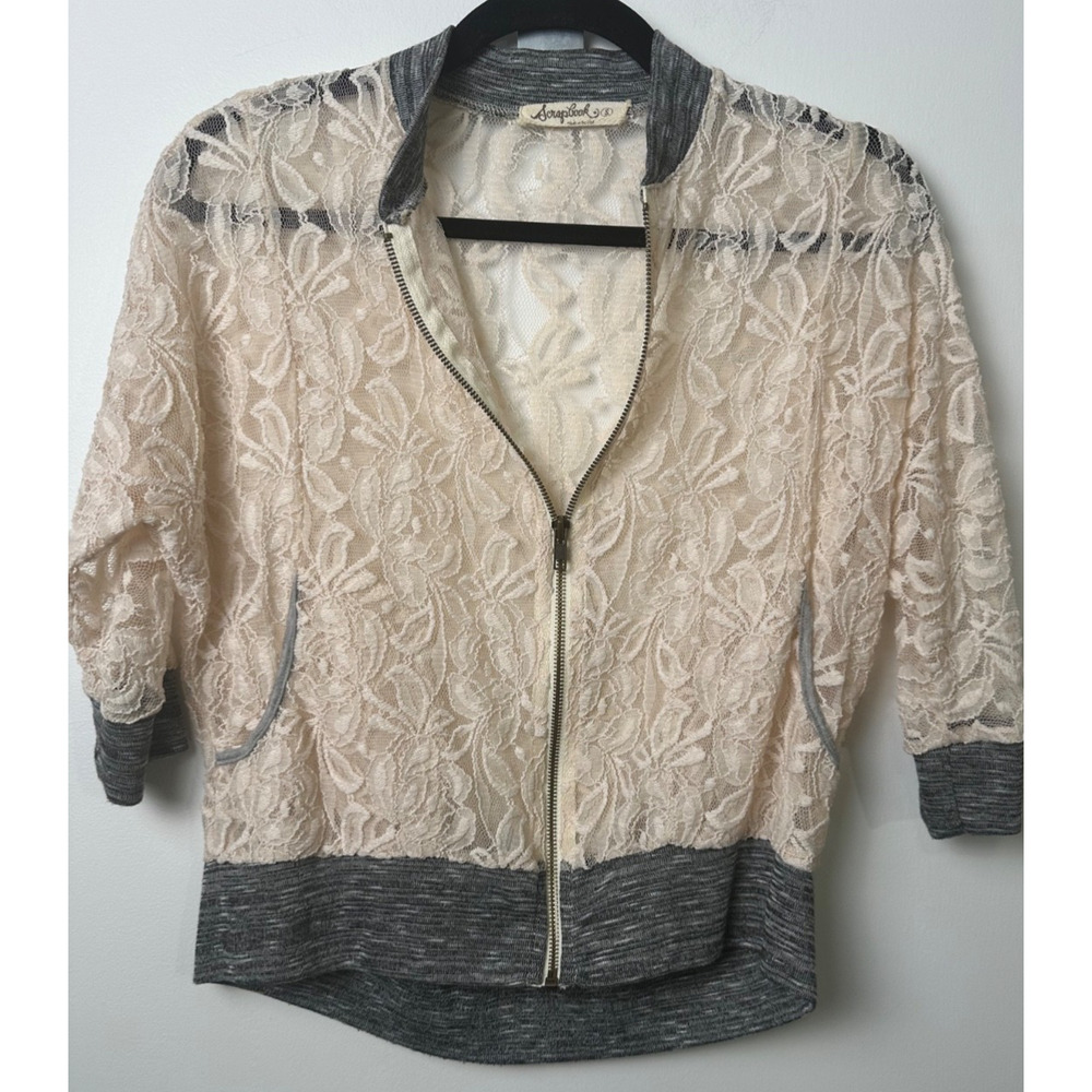 Scrapbook Womens Cardigan Top Full Zip Ivory Lace Gray Nylon Spandex S B18